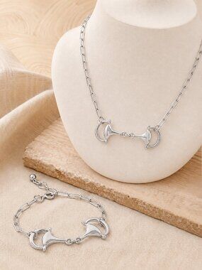 Silver Plated Western Horsebit Paperclip Chain Statement Necklace & Bracelet